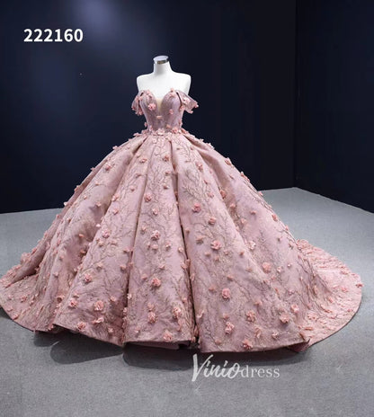 3D Flower Pink Quince Dresses Ball Gown Wedding Dress Off the Shoulder 222160-prom dresses 2025 -Viniodress-Pink-Custom Size-
