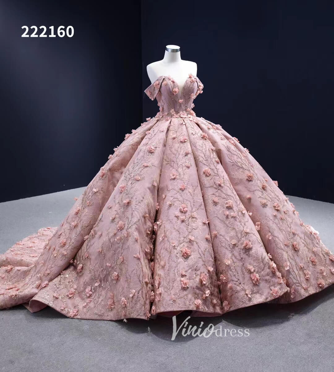 3D Flower Pink Quince Dresses Ball Gown Wedding Dress Off the Shoulder 222160-prom dresses 2025 -Viniodress-Pink-Custom Size-