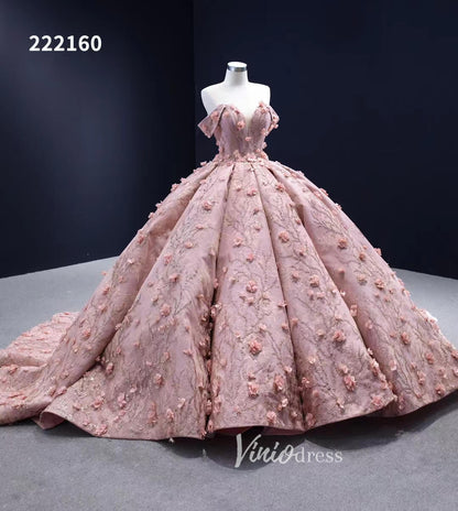 3D Flower Pink Quince Dresses Ball Gown Wedding Dress Off the Shoulder 222160-prom dresses 2025 -Viniodress-Pink-Custom Size-