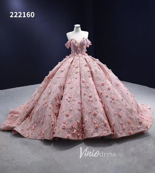 3D Flower Pink Quince Dresses Ball Gown Wedding Dress Off the Shoulder 222160-prom dresses 2025 -Viniodress-Pink-Custom Size-