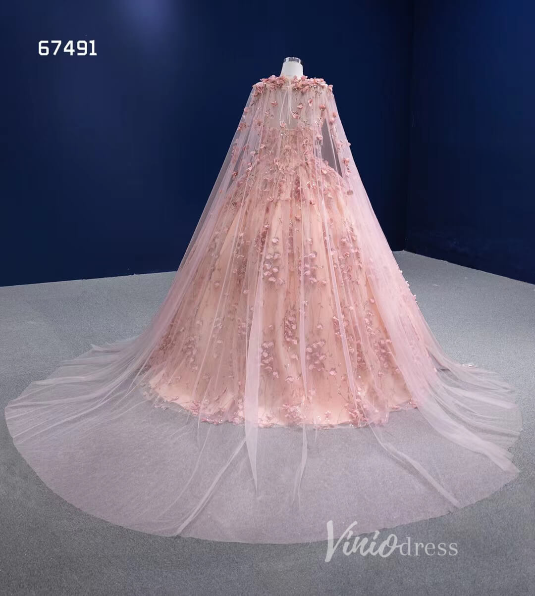 3D Flower Pink Sweet 16 Dress with Cape Vintage Ball Gown 67491-Quinceanera Dresses 2025 -Viniodress-Blush Pink-Custom Size-