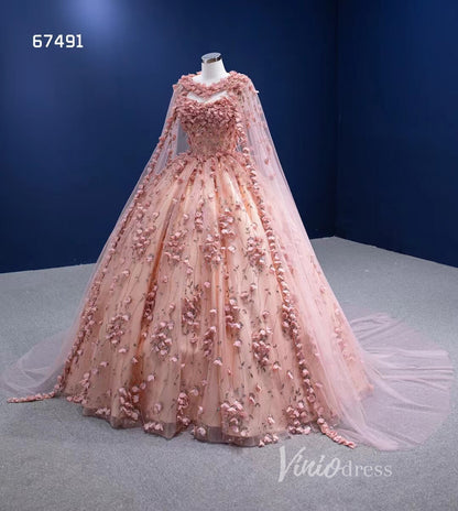 3D Flower Pink Sweet 16 Dress with Cape Vintage Ball Gown 67491-Quinceanera Dresses 2025 -Viniodress-Blush Pink-Custom Size-