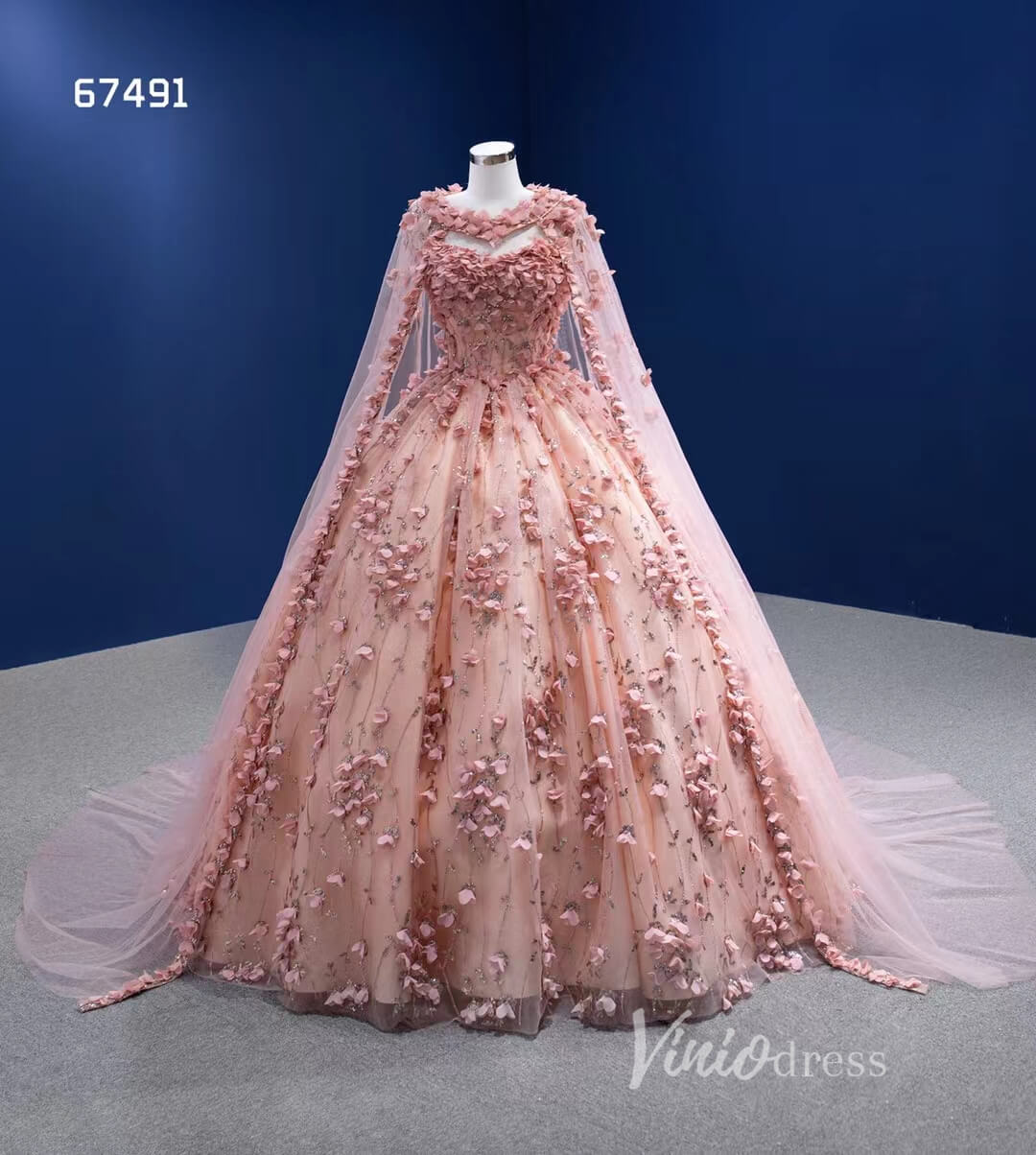 3D Flower Pink Sweet 16 Dress with Cape Vintage Ball Gown 67491-Quinceanera Dresses-Viniodress-Viniodress