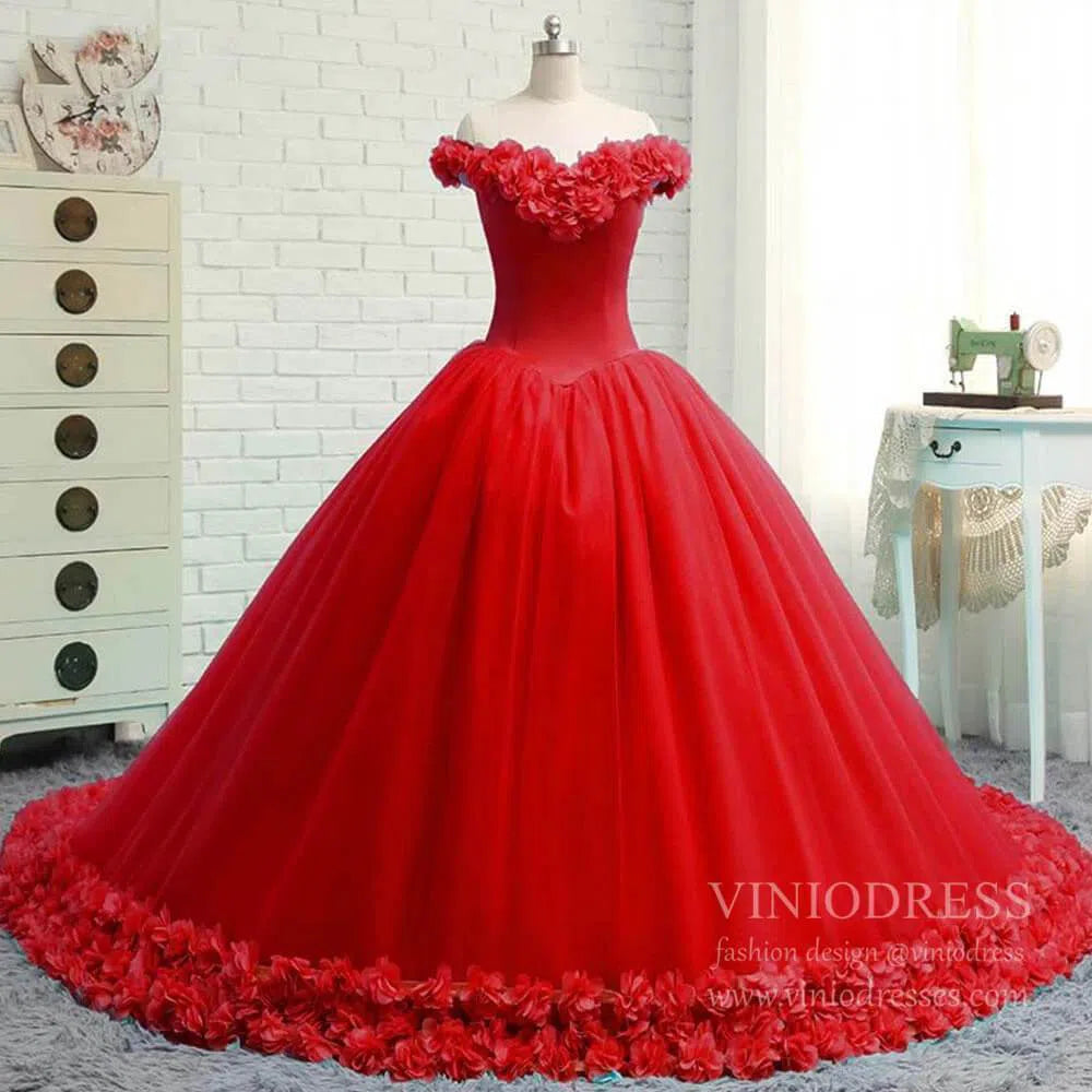 3D Flower Quinceanera Dresses Cinderella Ball Gowns VW1040-Quinceanera Dresses-Viniodress-Red-Custom Size-Viniodress