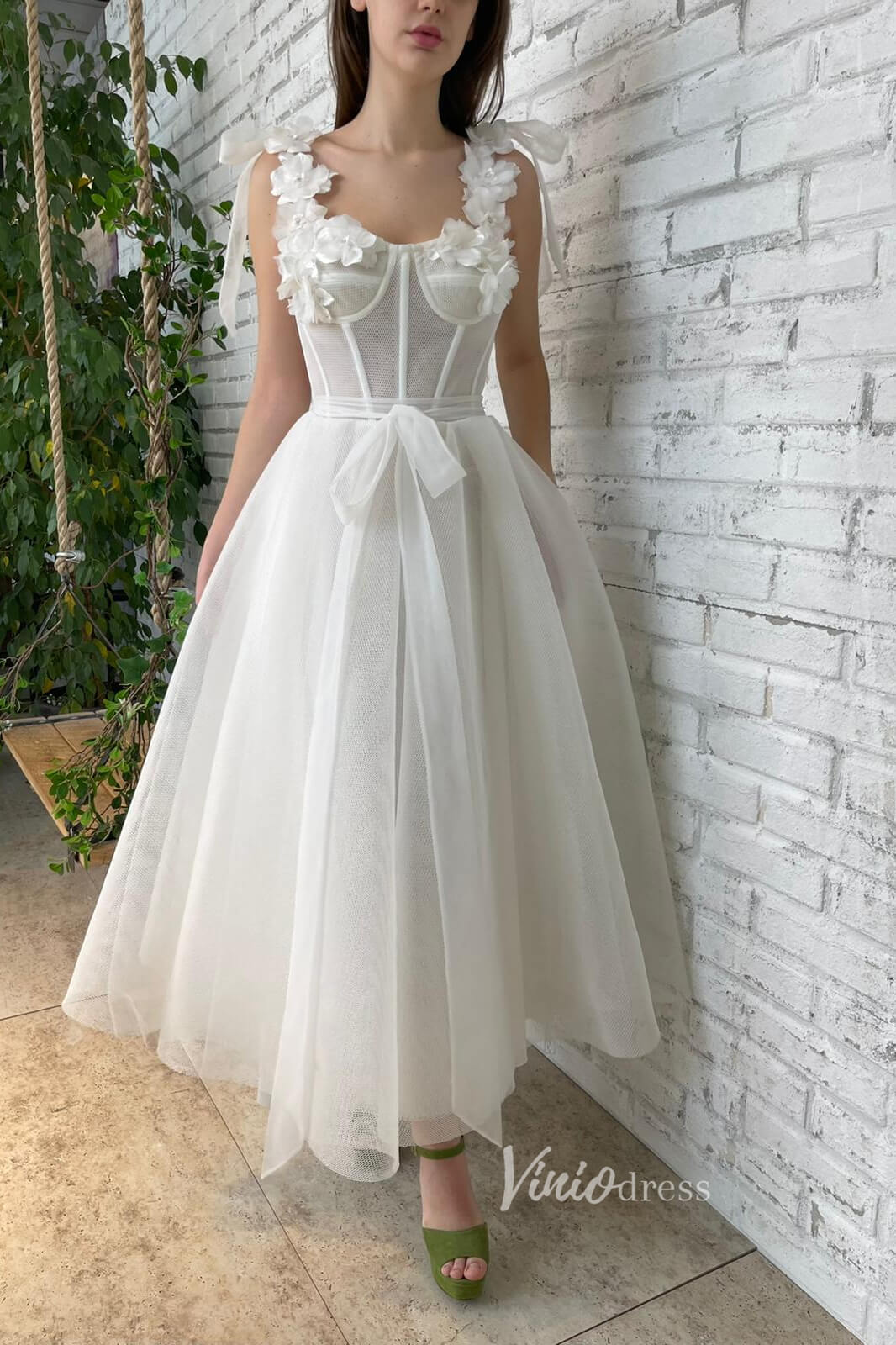 3D Flowers Prom Dresses with Pockets Ankle Length Formal Dress FD2991   Viniodress