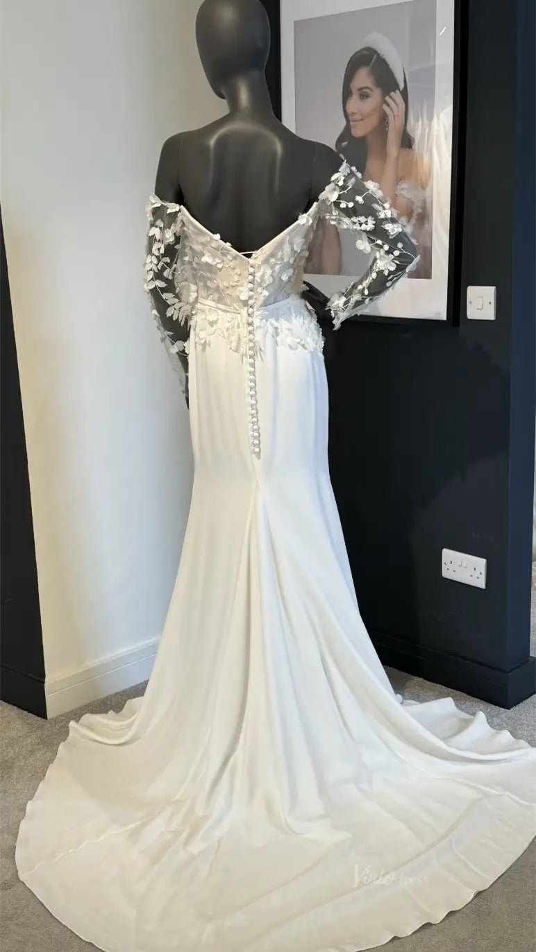 3D Lace Sheath Satin Modern Wedding Dress with Slit VW2131-wedding dresses 2025 -Viniodress-Ivory-Custom Size-