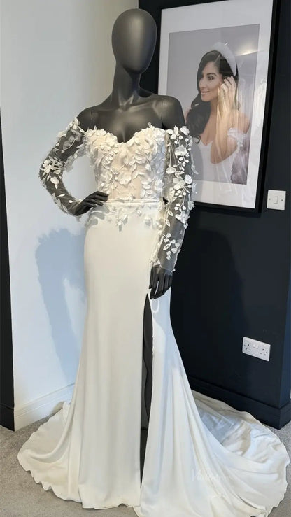 3D Lace Sheath Satin Modern Wedding Dress with Slit VW2131-wedding dresses 2025 -Viniodress-Ivory-Custom Size-