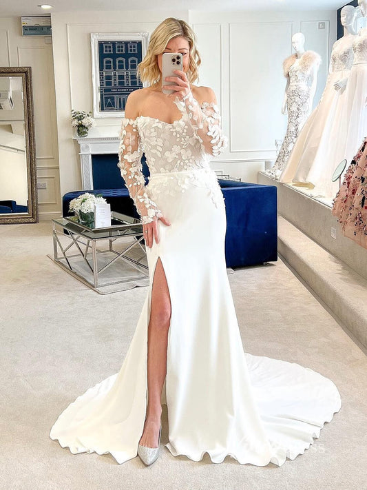 3D Lace Sheath Satin Modern Wedding Dress with Slit VW2131-wedding dresses 2025 -Viniodress-Ivory-Custom Size-