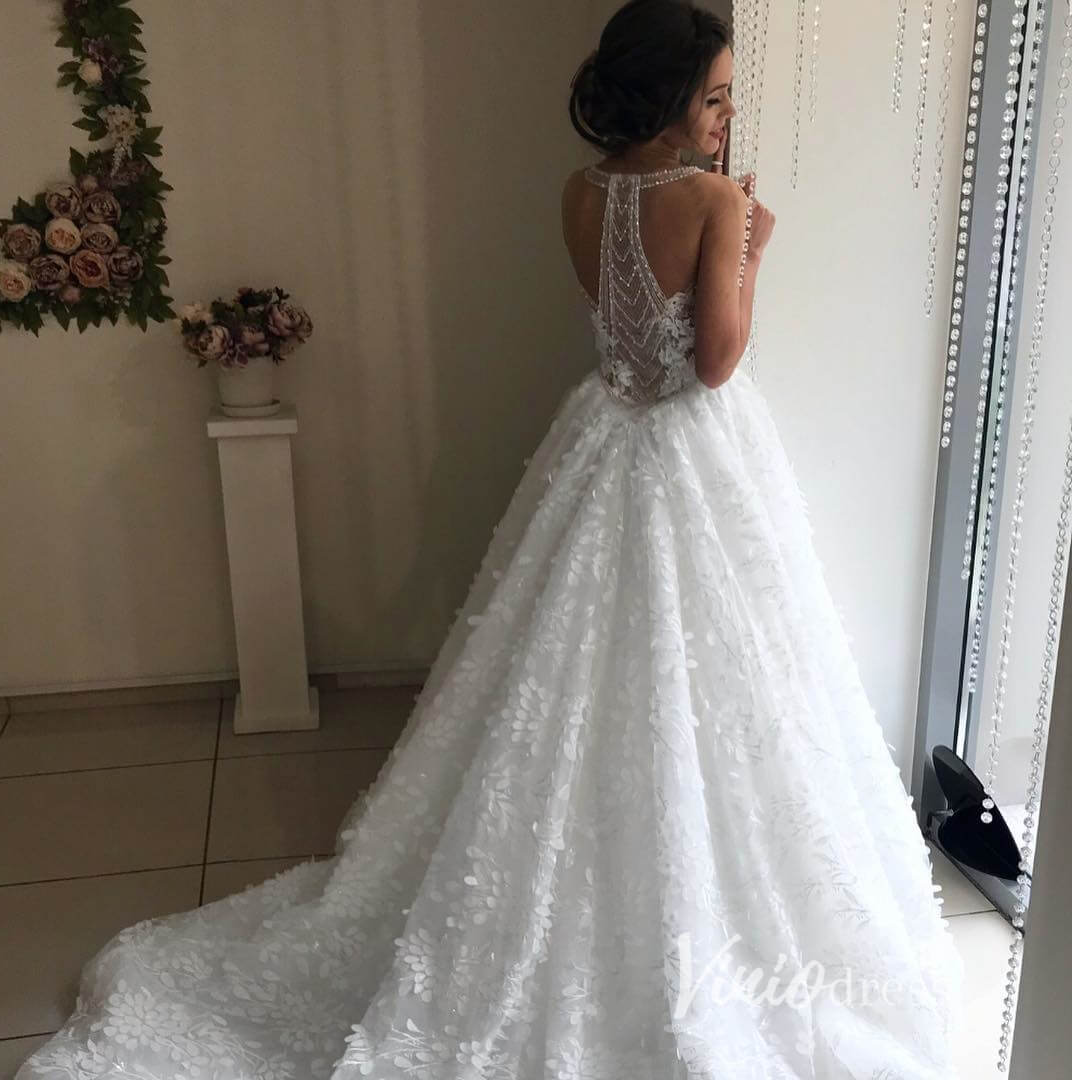 3D Leaf Lace Ball Gown Wedding Dresses Chapel Train Romantic Bridal Dresses VW2095-wedding dresses 2025 -Viniodress-Ivory-Custom Size-