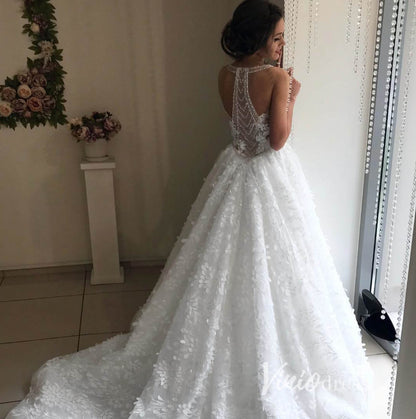 3D Leaf Lace Ball Gown Wedding Dresses Chapel Train Romantic Bridal Dresses VW2095-wedding dresses 2025 -Viniodress-Ivory-Custom Size-