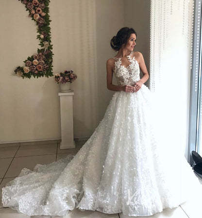3D Leaf Lace Ball Gown Wedding Dresses Chapel Train Romantic Bridal Dresses VW2095-wedding dresses 2025 -Viniodress-Ivory-Custom Size-