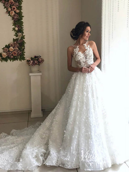 3D Leaf Lace Ball Gown Wedding Dresses Chapel Train Romantic Bridal Dresses VW2095-wedding dresses 2025 -Viniodress-Ivory-Custom Size-