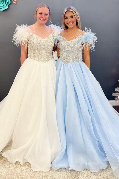 Vestidos de fiesta de organza azul claro Blusa con cuentas Hombro de plumas FD4027