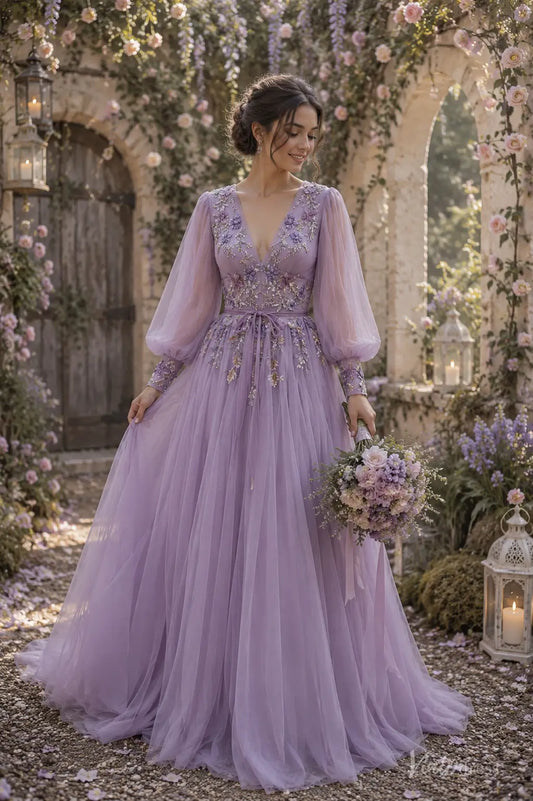 Lavender A-line wedding dress with beaded floral embroidery, deep V-neck, and sheer long bishop sleeves in a garden setting.