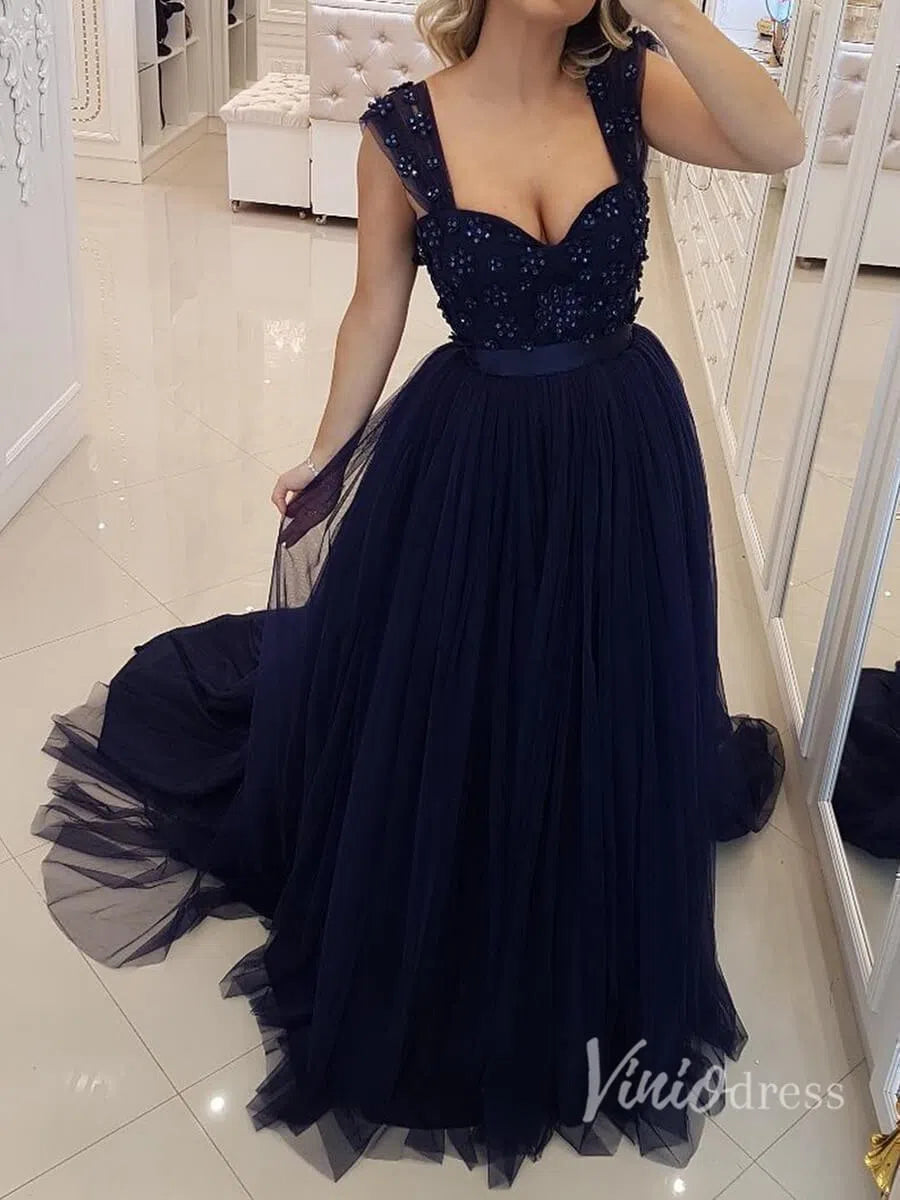 A-line Long Tulle Beaded Prom Dresses Navy Blue Formal Dress FD1320-prom dresses-Viniodress-Navy Blue-Custom Size-Viniodress