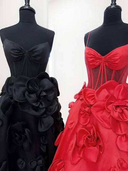 Red Satin Prom Dress with 3D Flower, Spaghetti Strap & Sheer Boned Bodice – Style FD5021-prom dresses 2025 -Viniodress-Red-Custom Size-
