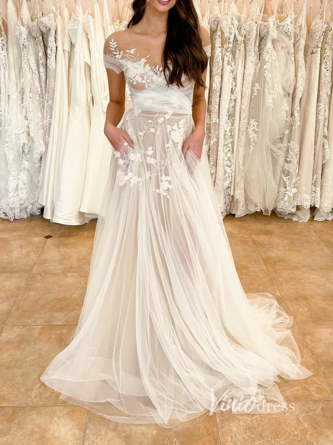 A-line Tulle Country Wedding Dress with Pockets VW1409-wedding dresses 2025 -Viniodress-Ivory-Custom Size-