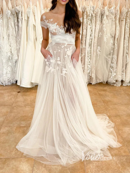 A-line Tulle Country Wedding Dress with Pockets VW1409-wedding dresses 2025 -Viniodress-Ivory-Custom Size-