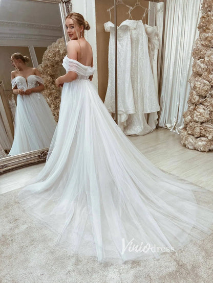 A-line Tulle Country Wedding Dresses Off the Shoulder VW2062-wedding dresses 2025 -Viniodress-Champagne-Custom Size-