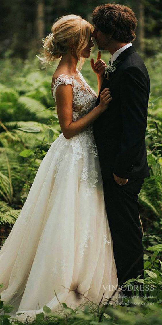 A-line Tulle Lace Country Wedding Dresses Backless Bridal Dress VW1545 – Viniodress