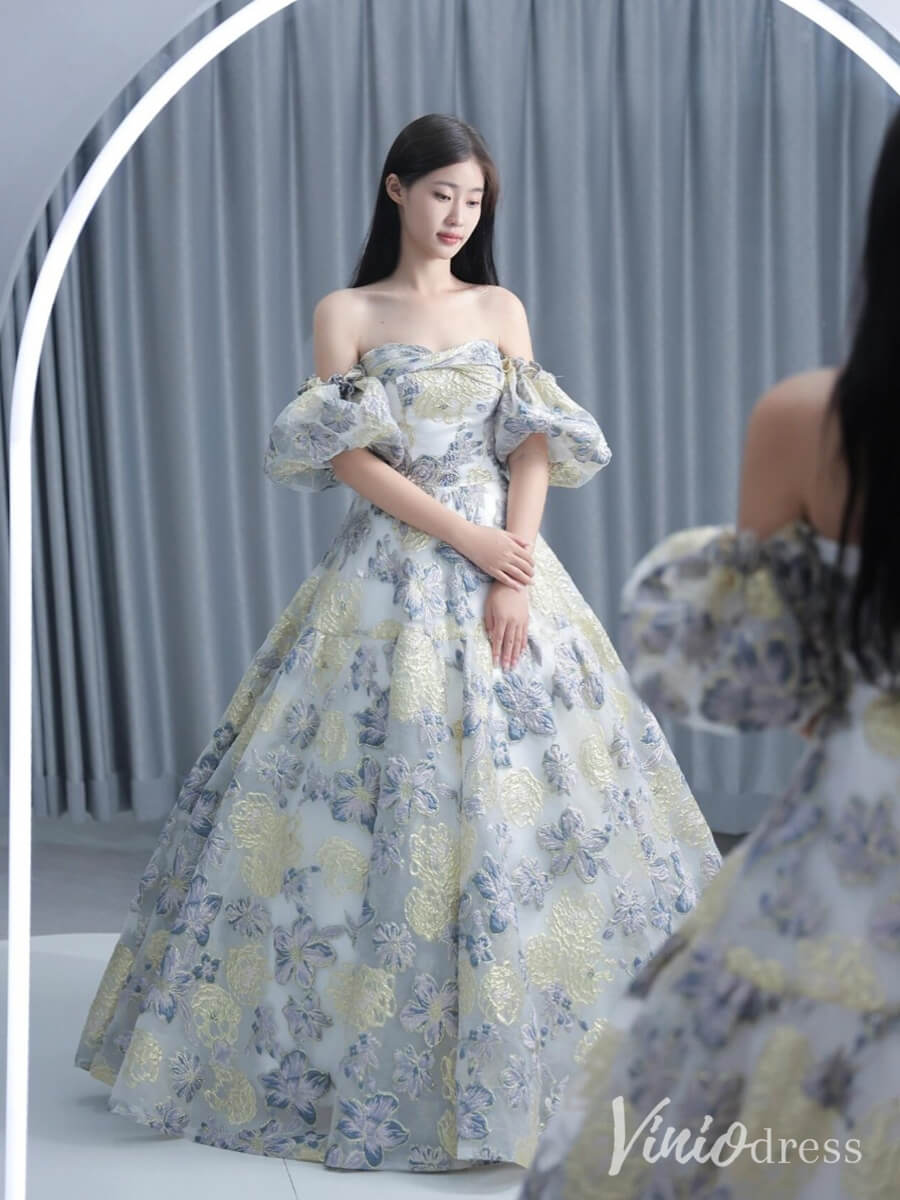 Champagne Floral Print Prom Dresses Off the Shoulder Quinceanera Dress AD1318