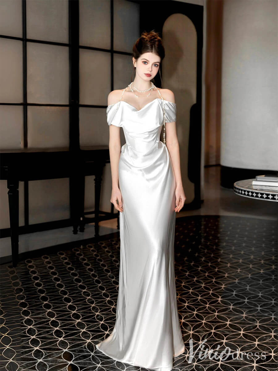 Ivory Smooth Satin Mermaid Prom Dresses Off the Shoulder Evening Dress AD1320