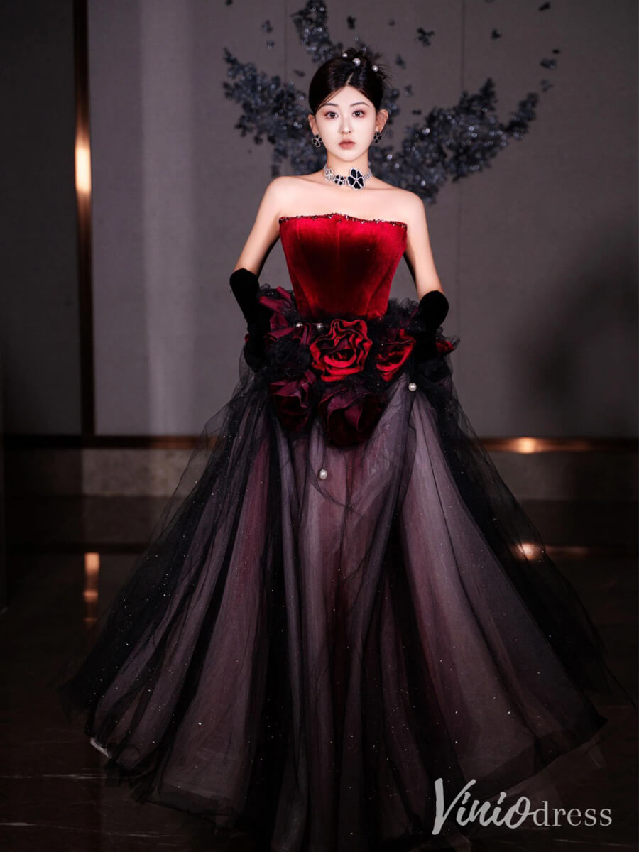 Black Strapless Rosette Prom Dresses Red Velvet Sparkly Ball Gown AD1323