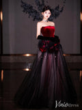 Black Strapless Rosette Prom Dresses Red Velvet Sparkly Ball Gown AD1323