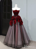 Black Strapless Rosette Prom Dresses Red Velvet Sparkly Ball Gown AD1323