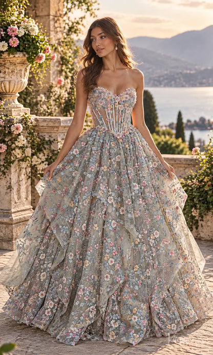 3D Floral Corset Ball Gown Prom Dresses with Pastel Flowers & Lace-Up Back AL012