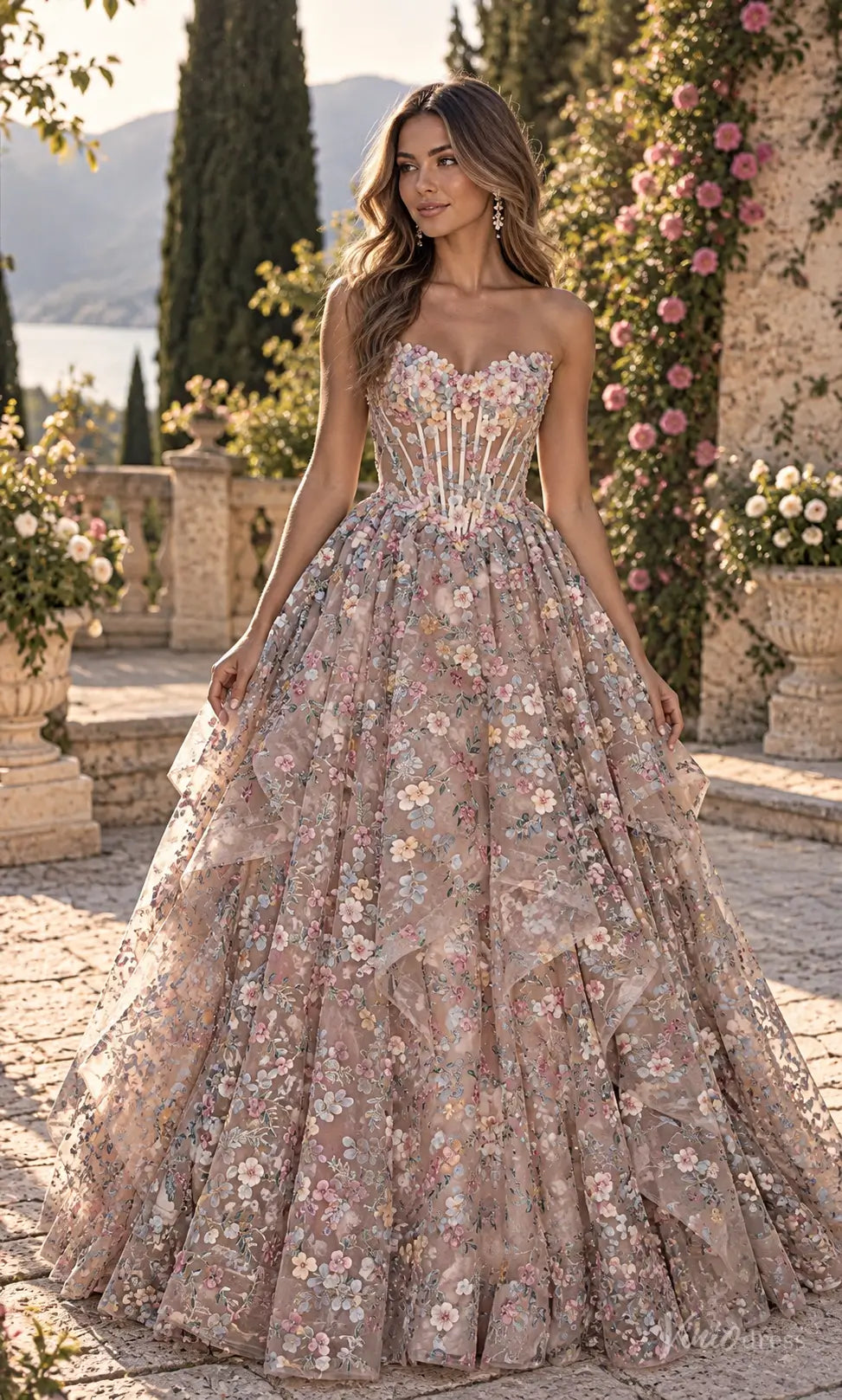 3D Floral Corset Ball Gown Prom Dresses with Pastel Flowers & Lace-Up Back AL012