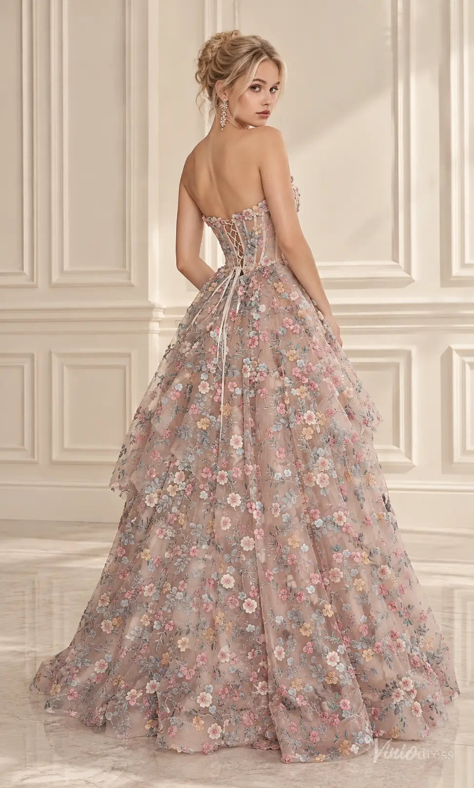 3D Floral Corset Ball Gown Prom Dresses with Pastel Flowers & Lace-Up Back AL012