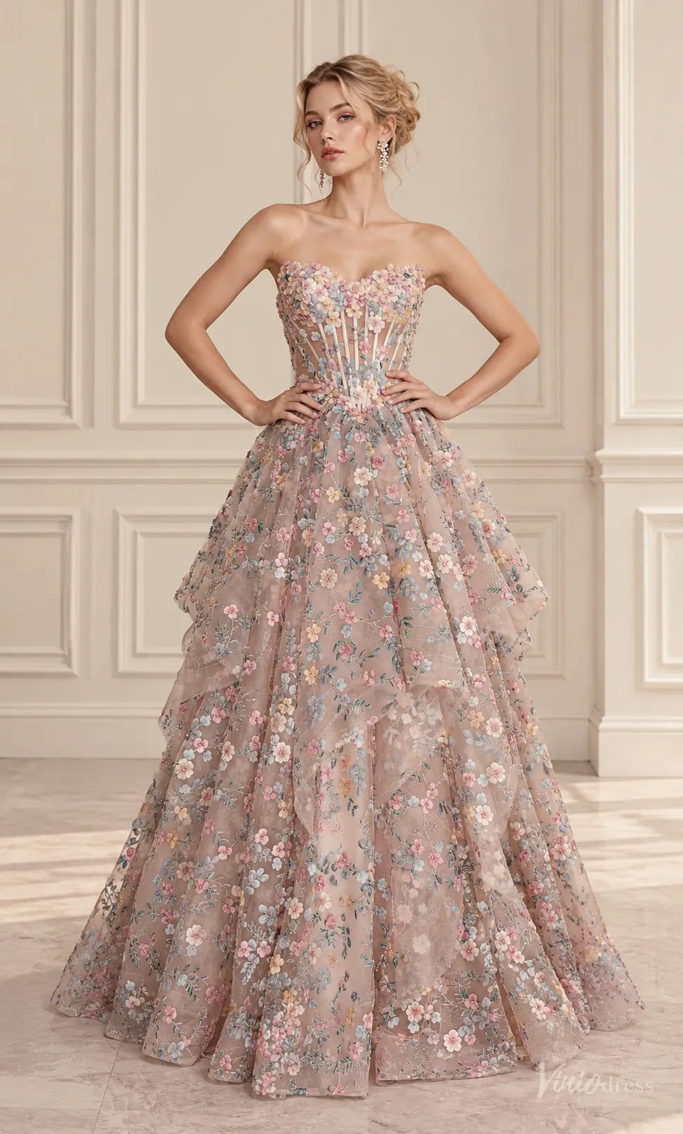 3D Floral Corset Ball Gown Prom Dresses with Pastel Flowers & Lace-Up Back AL012