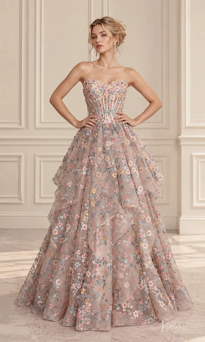 3D Floral Corset Ball Gown Prom Dresses with Pastel Flowers & Lace-Up Back AL012