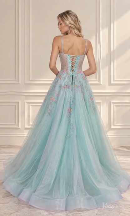 Pastel Floral Corset Ball Gown Prom Dresses with Spaghetti Straps & Glitter Tulle AL014
