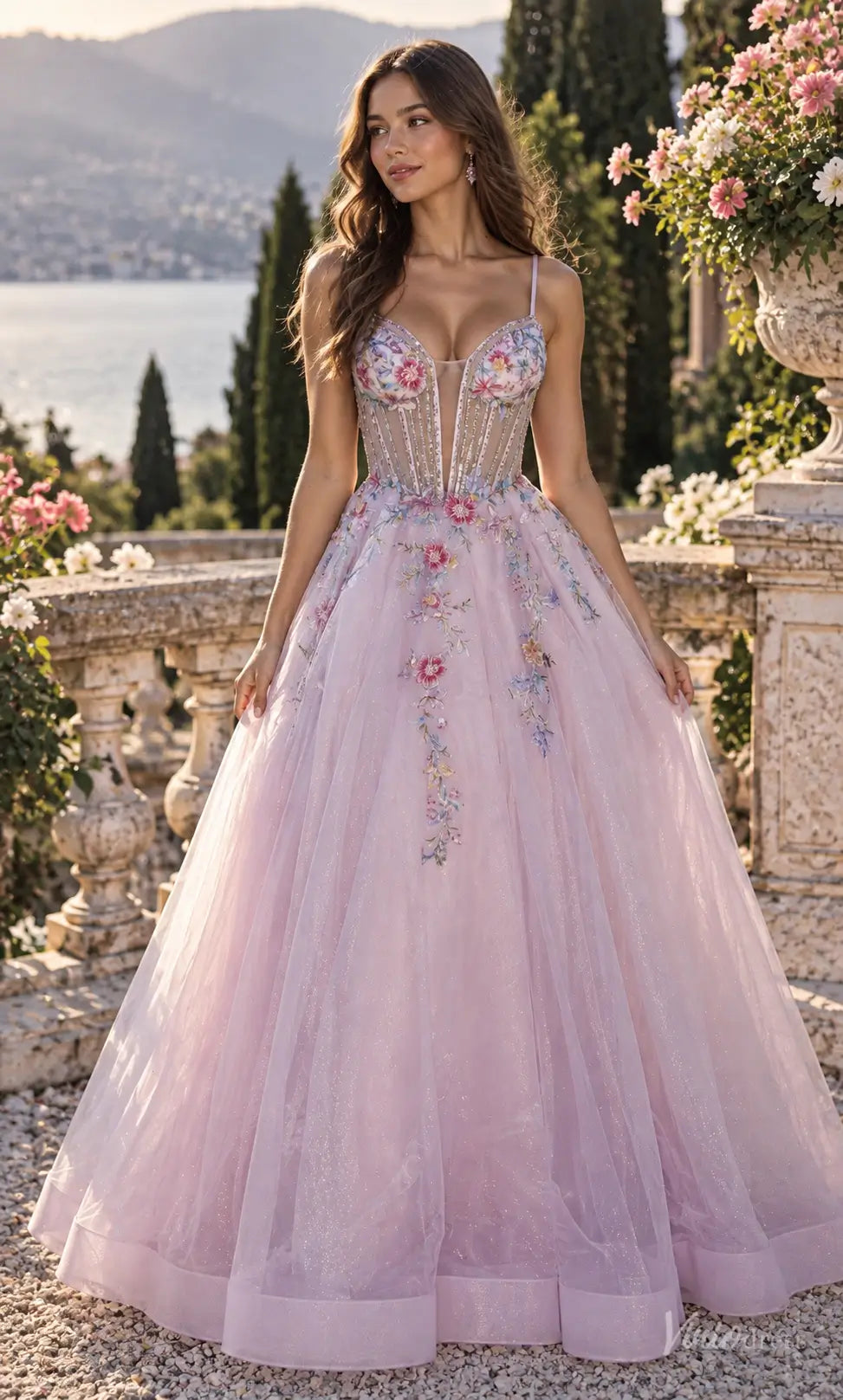 Pastel Floral Corset Ball Gown Prom Dresses with Spaghetti Straps & Glitter Tulle AL014