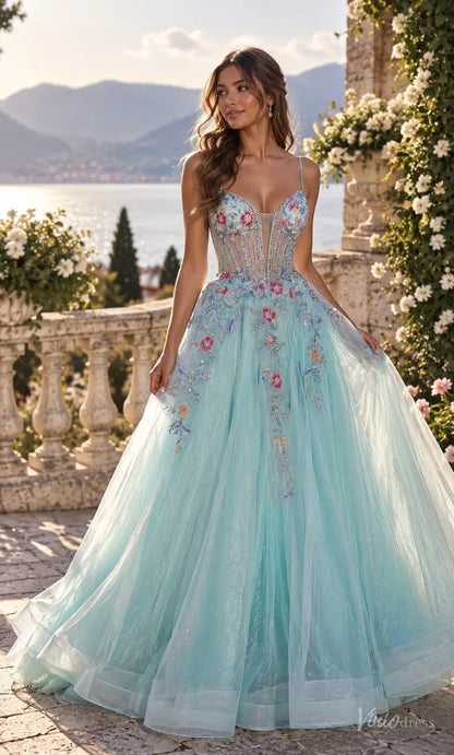 Pastel Floral Corset Ball Gown Prom Dresses with Spaghetti Straps & Glitter Tulle AL014
