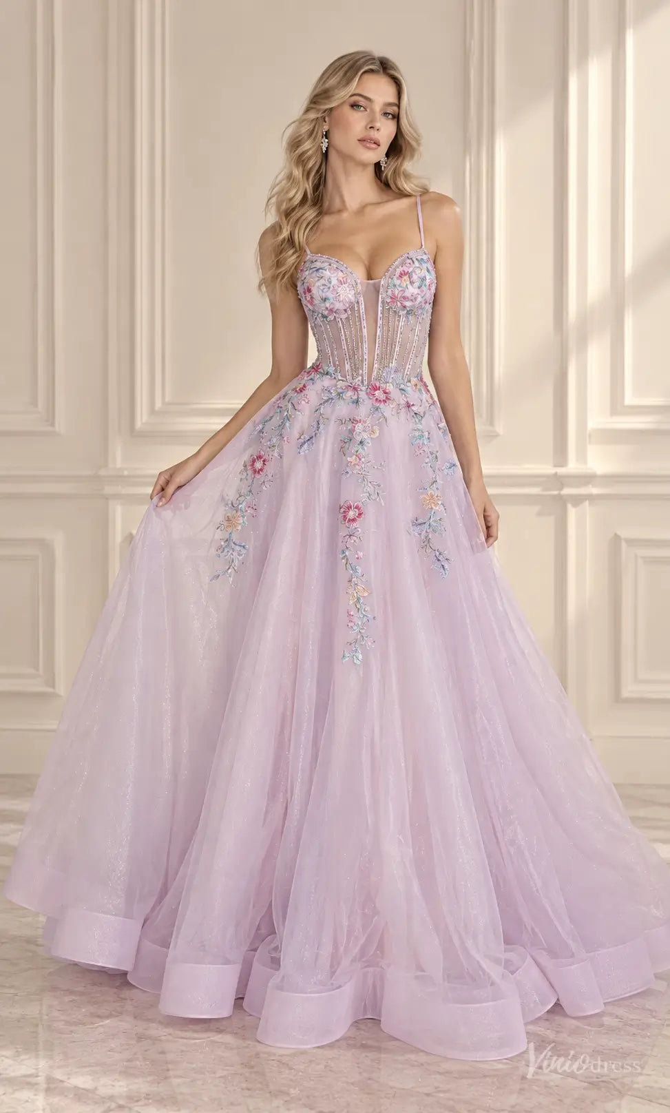 Pastel Floral Corset Ball Gown Prom Dresses with Spaghetti Straps & Glitter Tulle AL014