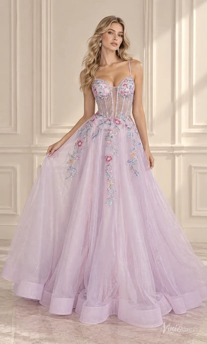Pastel Floral Corset Ball Gown Prom Dresses with Spaghetti Straps & Glitter Tulle AL014