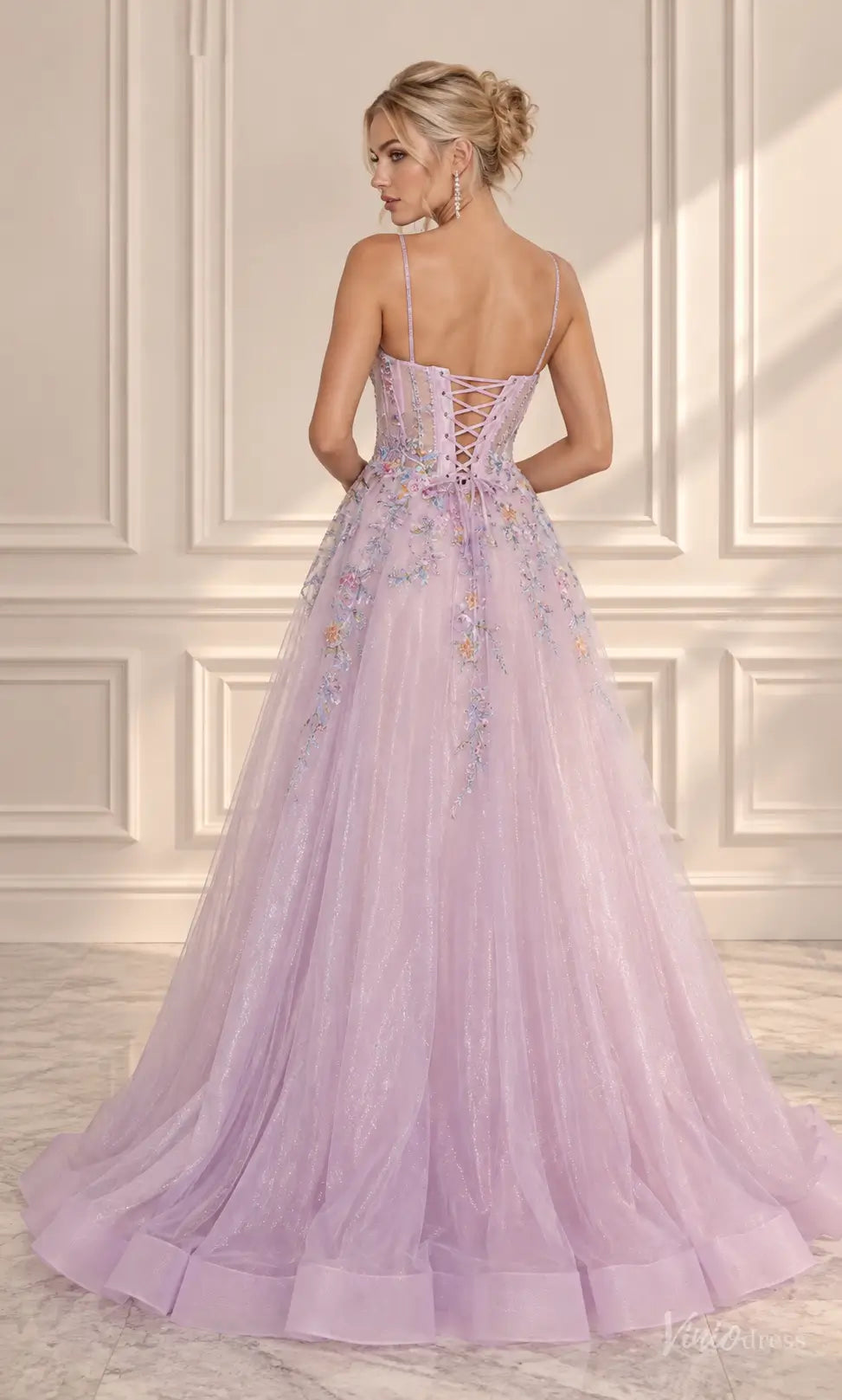 Pastel Floral Corset Ball Gown Prom Dresses with Spaghetti Straps & Glitter Tulle AL014