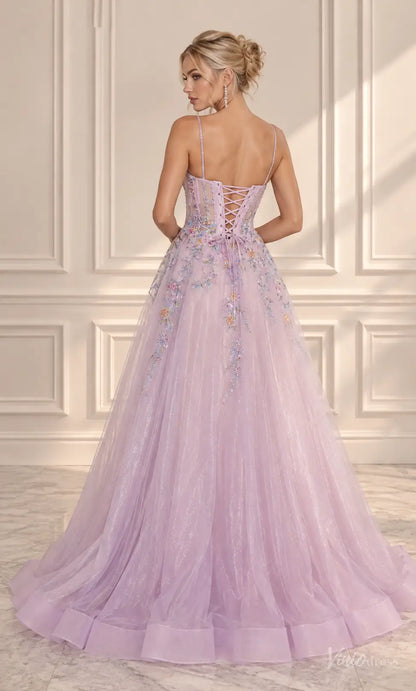 Pastel Floral Corset Ball Gown Prom Dresses with Spaghetti Straps & Glitter Tulle AL014