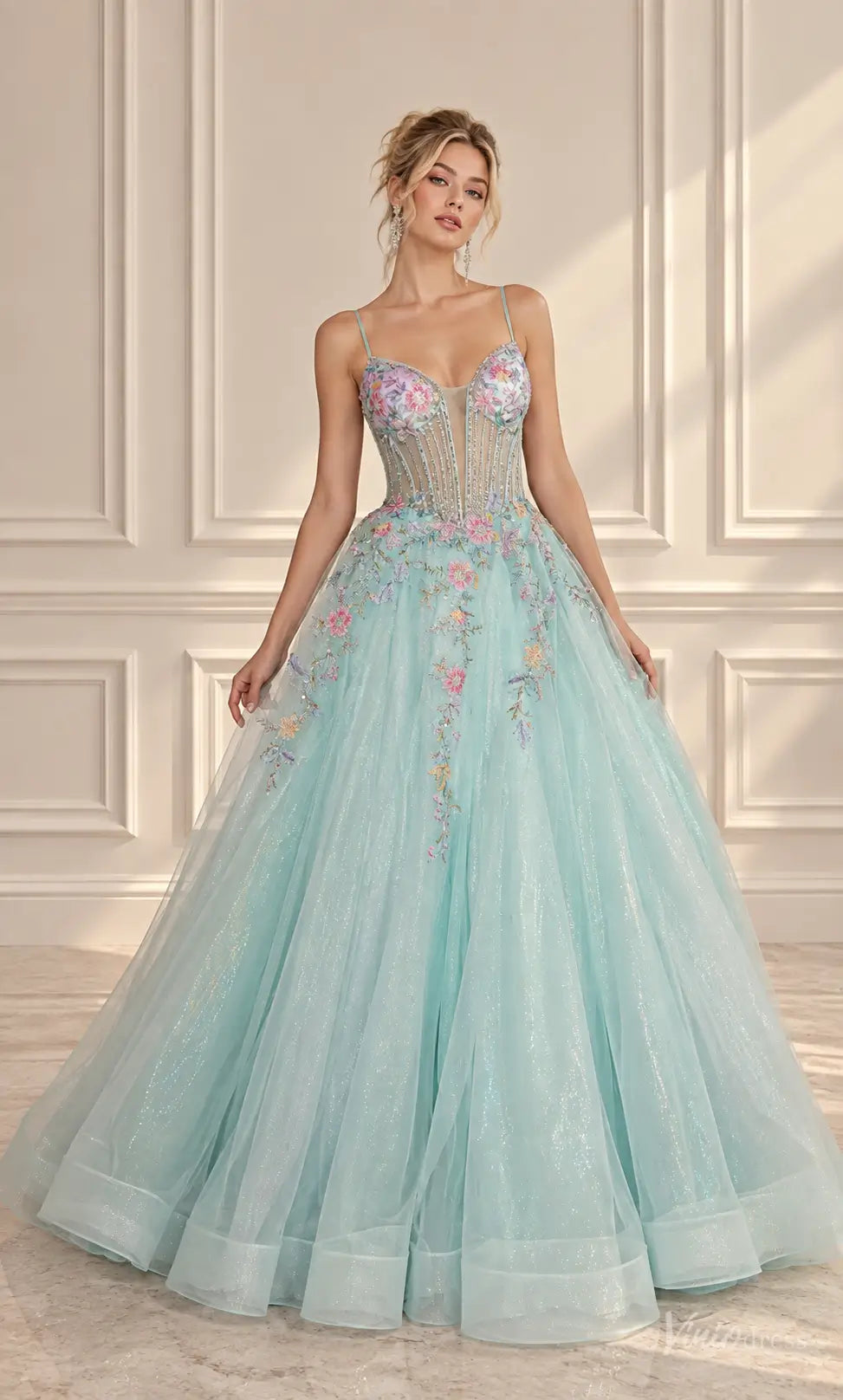 Pastel Floral Corset Ball Gown Prom Dresses with Spaghetti Straps & Glitter Tulle AL014