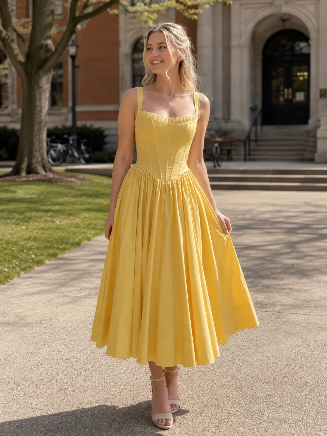 Yellow Satin Tea-Length Prom Dresses with Basque Waist & Corset Back AS111
