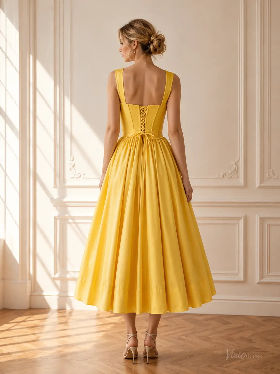 Yellow Satin Tea-Length Prom Dresses with Basque Waist & Corset Back AS111