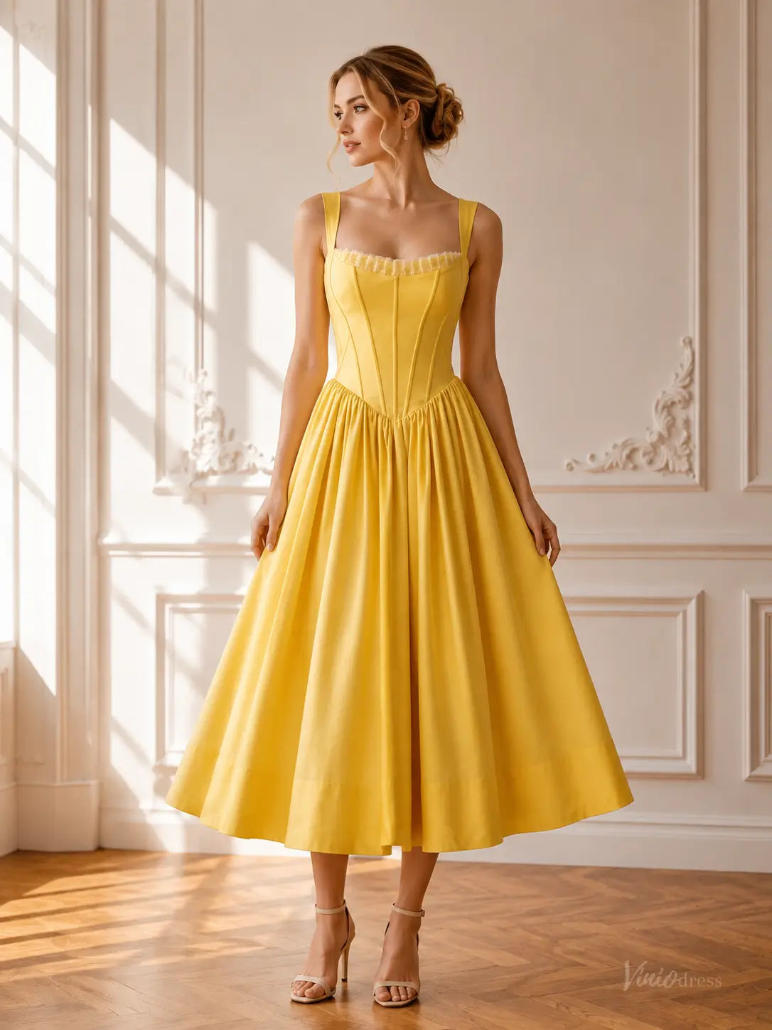 Yellow Satin Tea-Length Prom Dresses with Basque Waist & Corset Back AS111