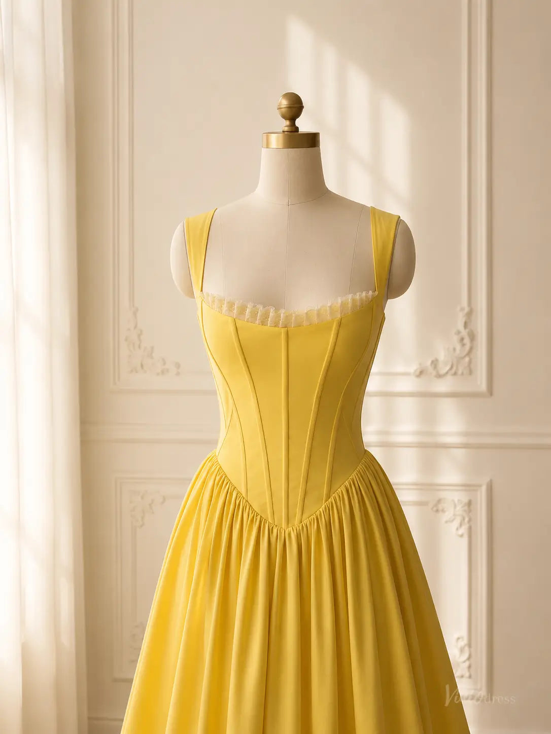 Yellow Satin Tea-Length Prom Dresses with Basque Waist & Corset Back AS111