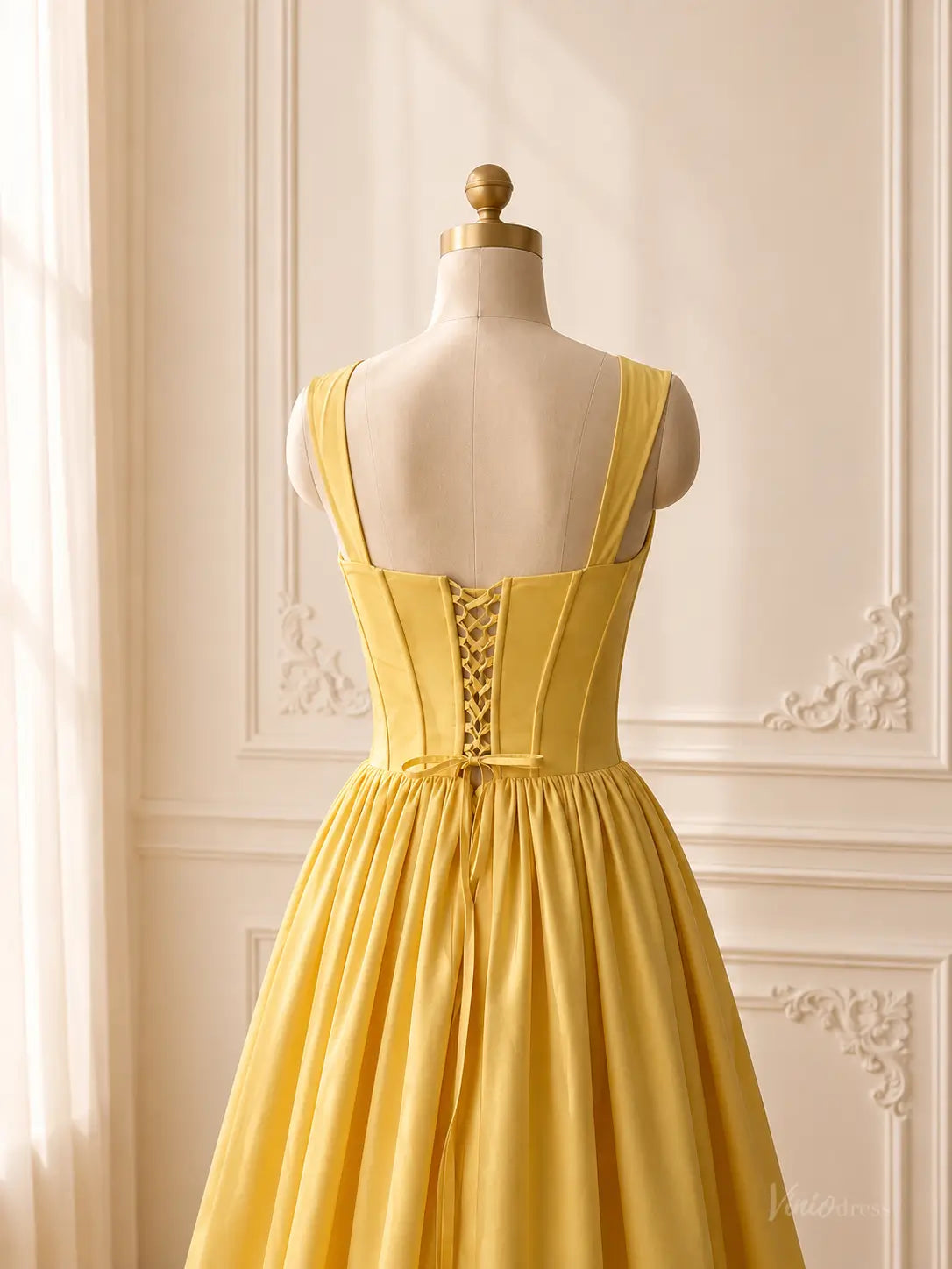 Yellow Satin Tea-Length Prom Dresses with Basque Waist & Corset Back AS111