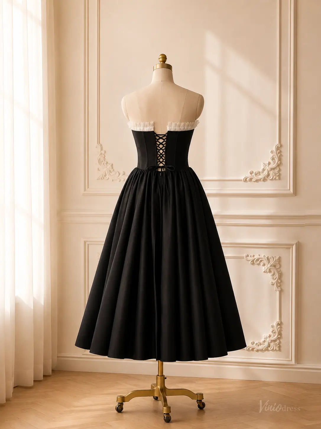 Black Strapless Tea-Length Prom Dresses with White Ruffle Trim & Bow Details AS112