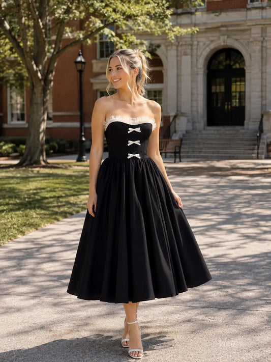 Black Strapless Tea-Length Prom Dresses with White Ruffle Trim & Bow Details AS112