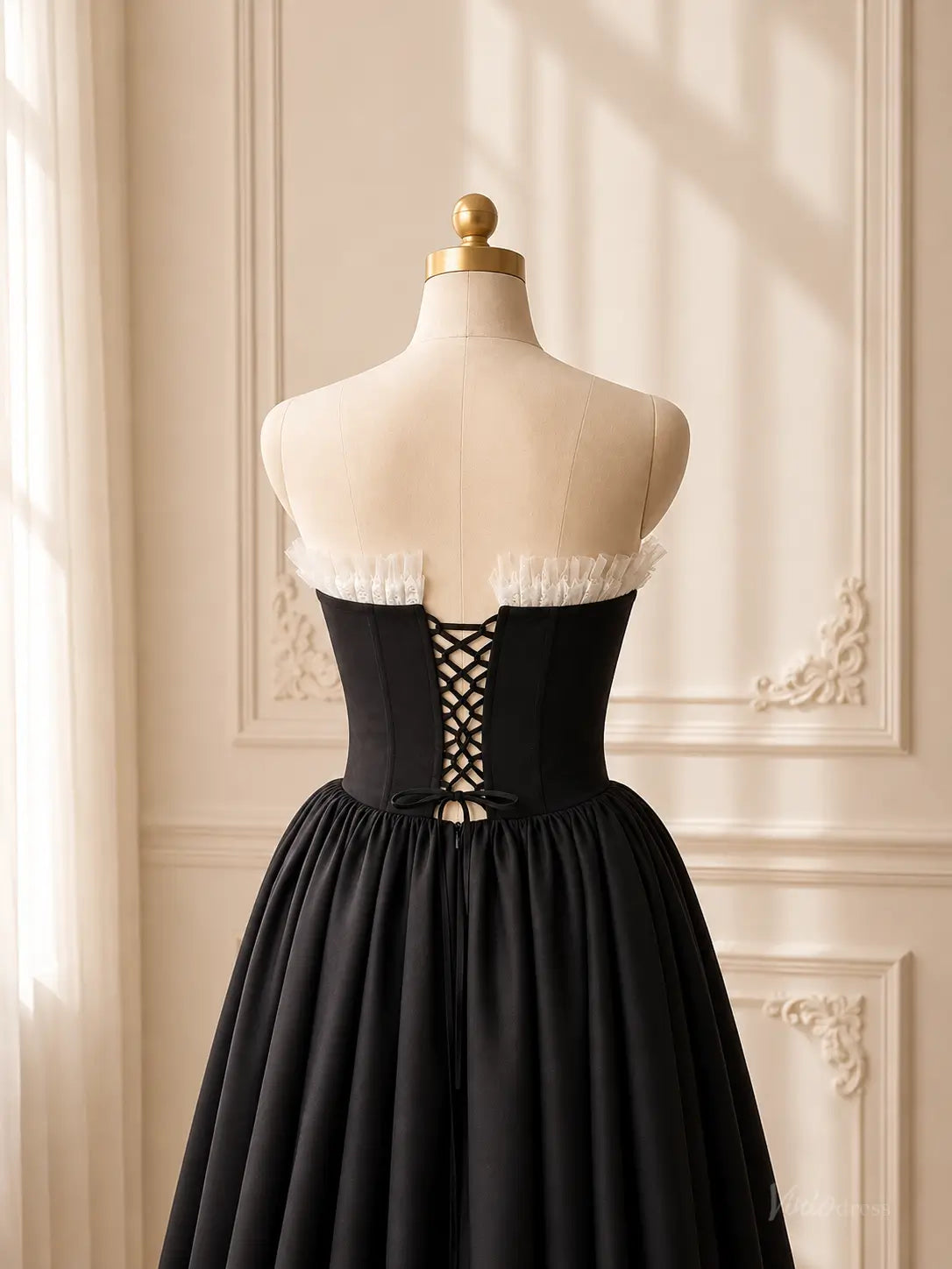 Black Strapless Tea-Length Prom Dresses with White Ruffle Trim & Bow Details AS112